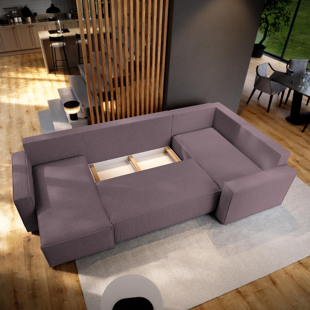 WOHNLANDSCHAFT NORENA R-S Lila Kordstoff mit Schlaffunktion - Lila, Holz (295/85/157.5cm) - MASSENO