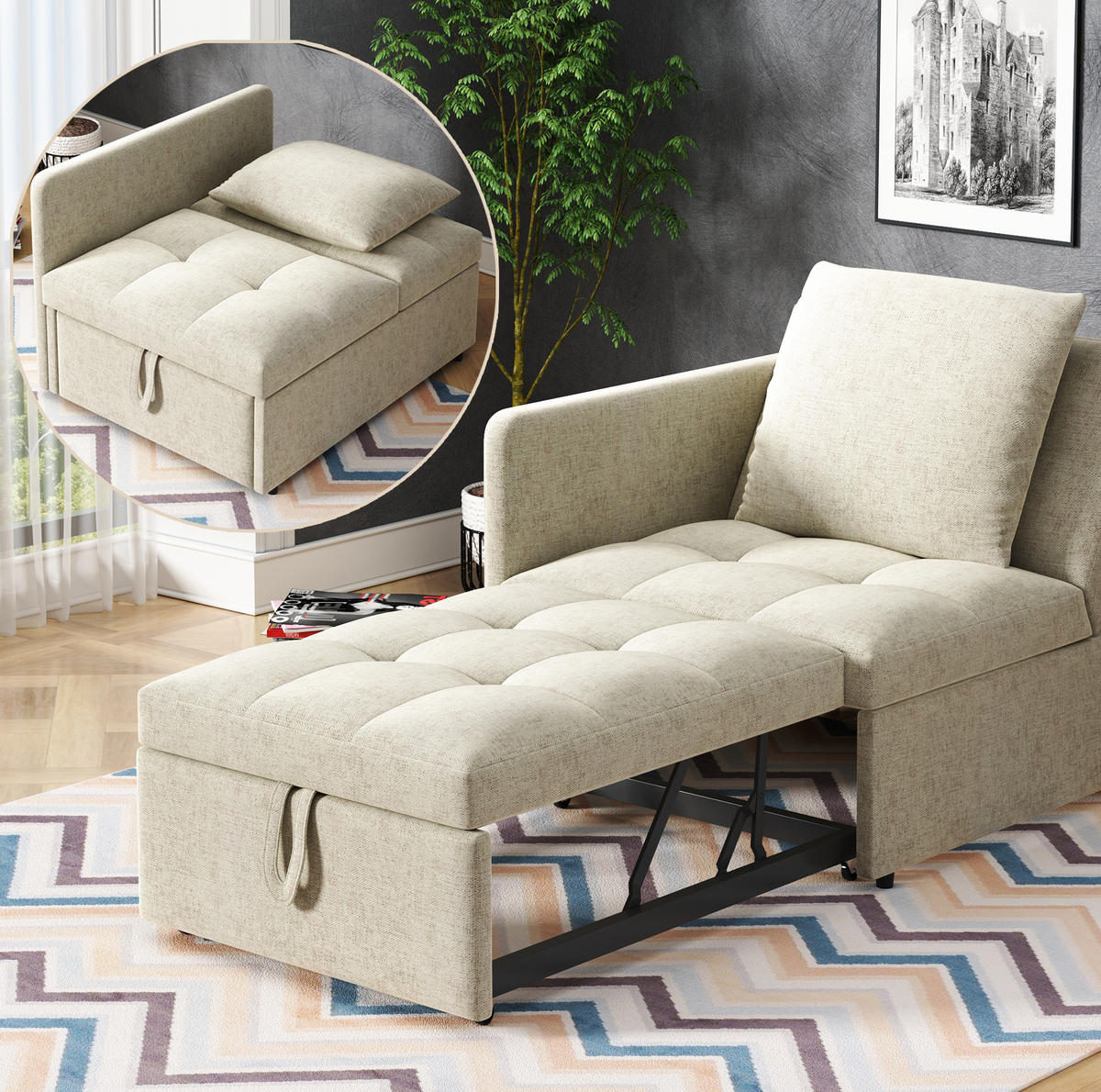 SCHLAFSOFA 3-in-1 verstellbar 177 x 68 cm Leinen Beige - Beige, Metall (68/65/177cm) - Meubliv