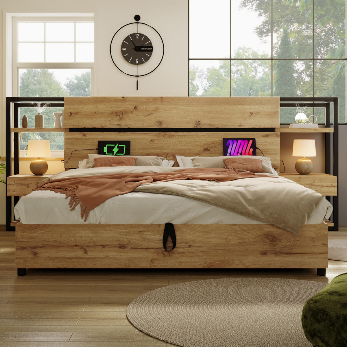 POLSTERBETT 180/200 cm mit USB/Type-C-Ladestation, Bettkasten & Kopfteil-Schubladen, Eiche - Eichefarben, Holzwerkstoff (180/200cm) - Redom
