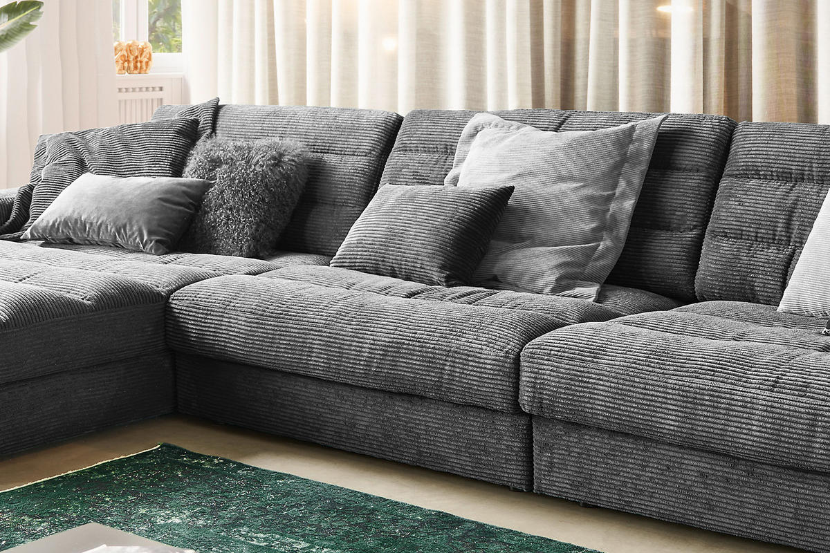 ECKSOFA XL LANA Grau Cord - Schwarz/Grau, Textil (416/205cm) - KAWOLA