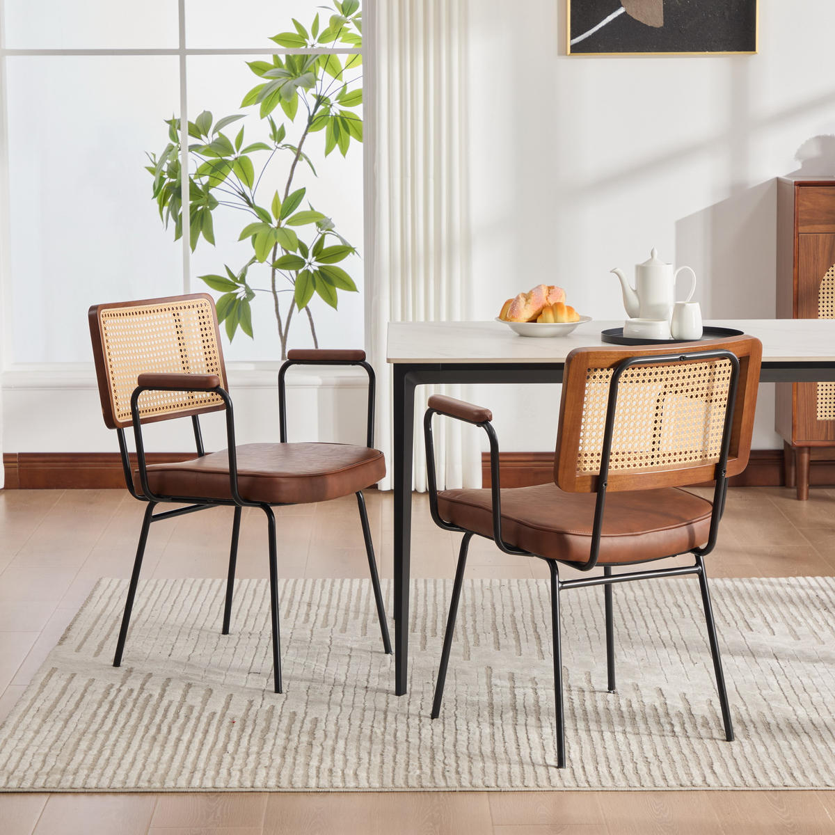 ARMLEHNSTUHL-SET DE-36881 2 Stück mit PU-Leder und Rattan-Optik Braun - Braun, Metall (58/82/62.5cm) - ComfortXL