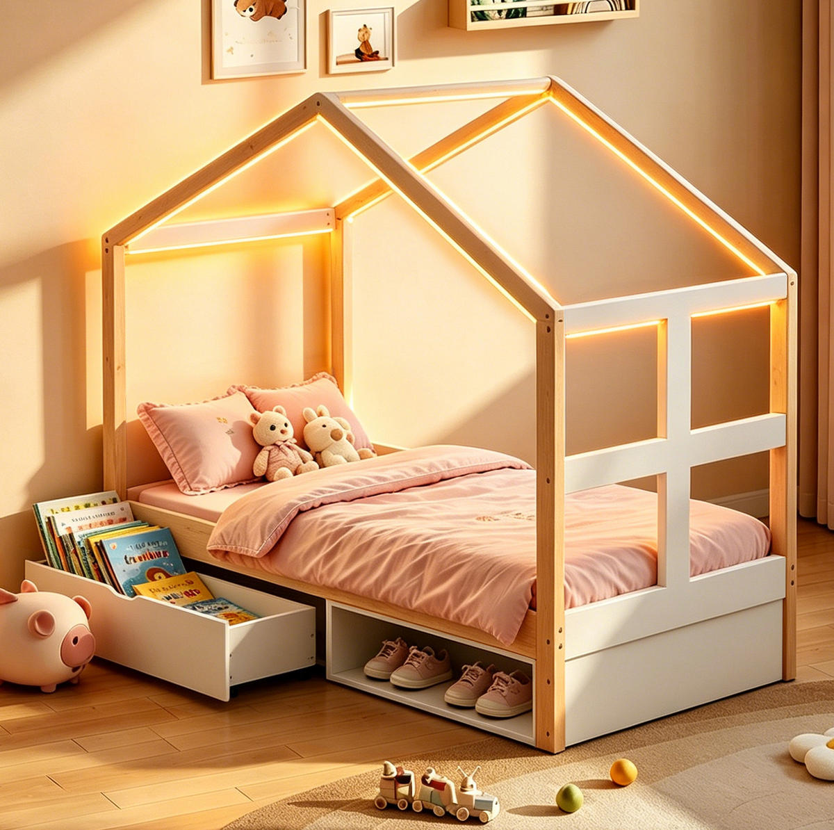 HAUSBETT 90/180 cm Weiß/Holzfarben aus Holz mit LED und Stauraum - Eichefarben, Holzwerkstoff (90/190cm) - OKWISH