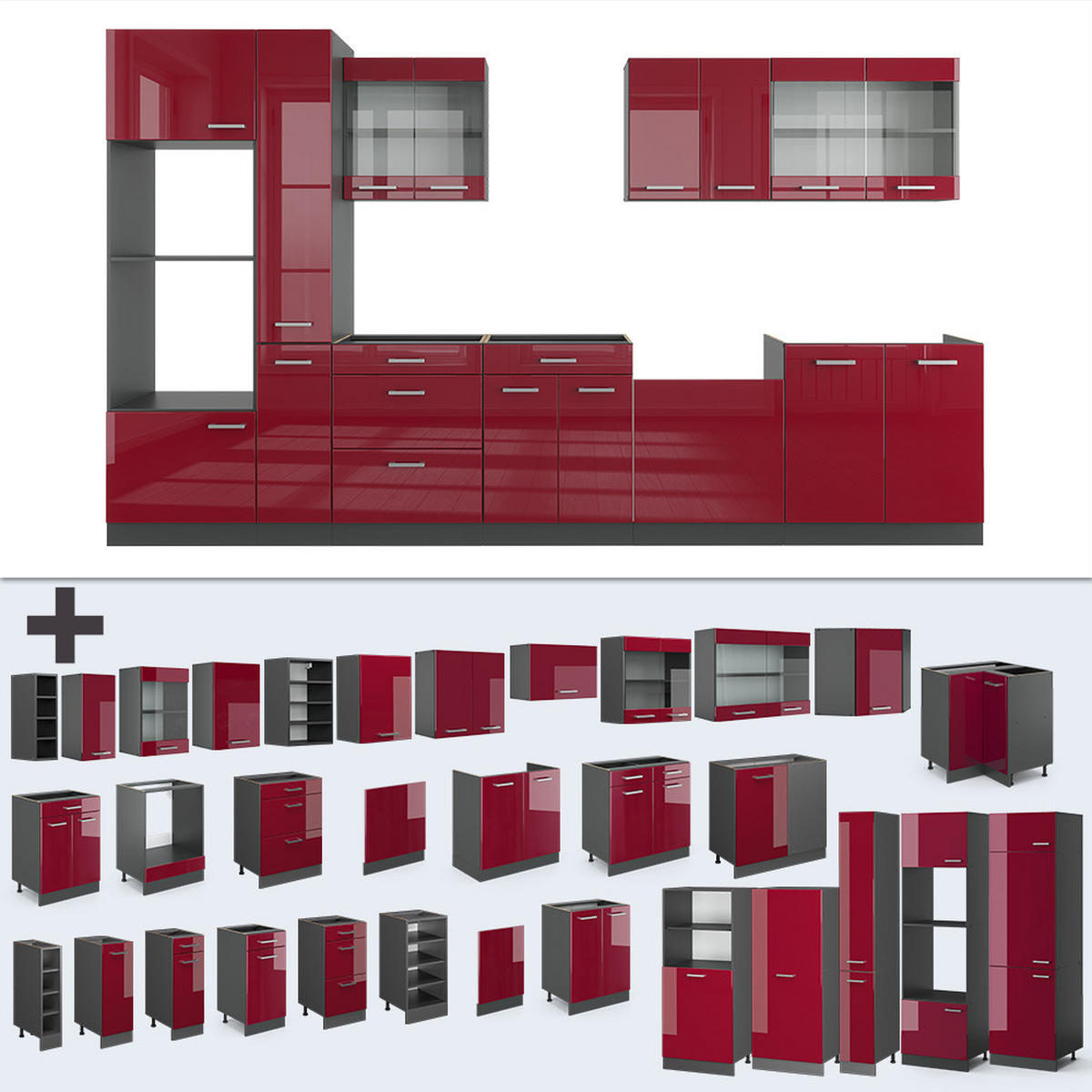 KÜCHENZEILE R-Line Rot Hochglanz/Anthrazit 350 cm mit Hochschrank, ohne Arbeitsplatte - Anthrazit/Rot, Holzwerkstoff (350/81.6/46cm) - Vicco