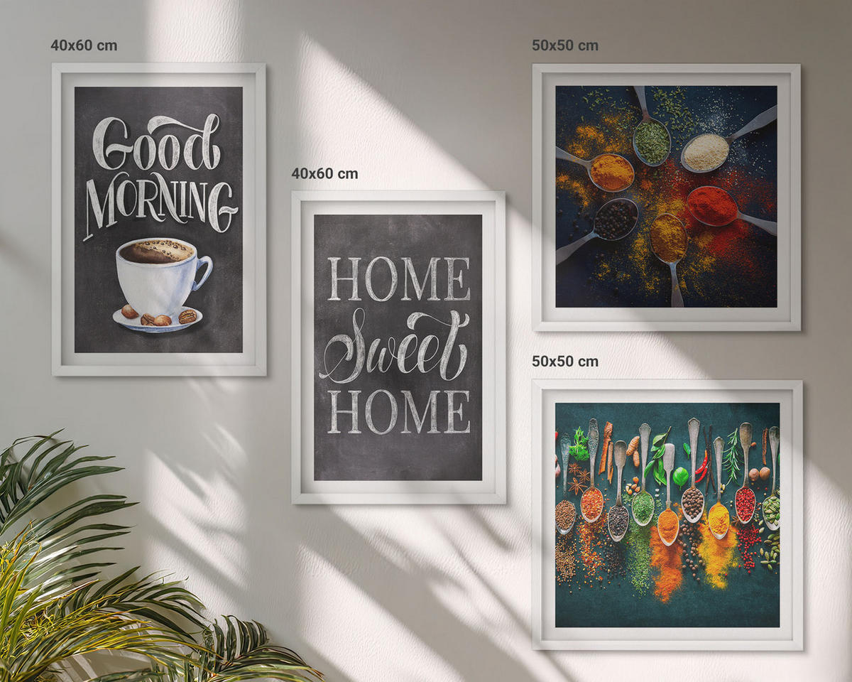 BILDER SET 4er Set - 50x50 cm & 40x60 cm Weißer Rahmen - Gewürze, Kaffee, Tasse, Kräuter - Weiß, Kunststoff (50/50cm) - TULUP