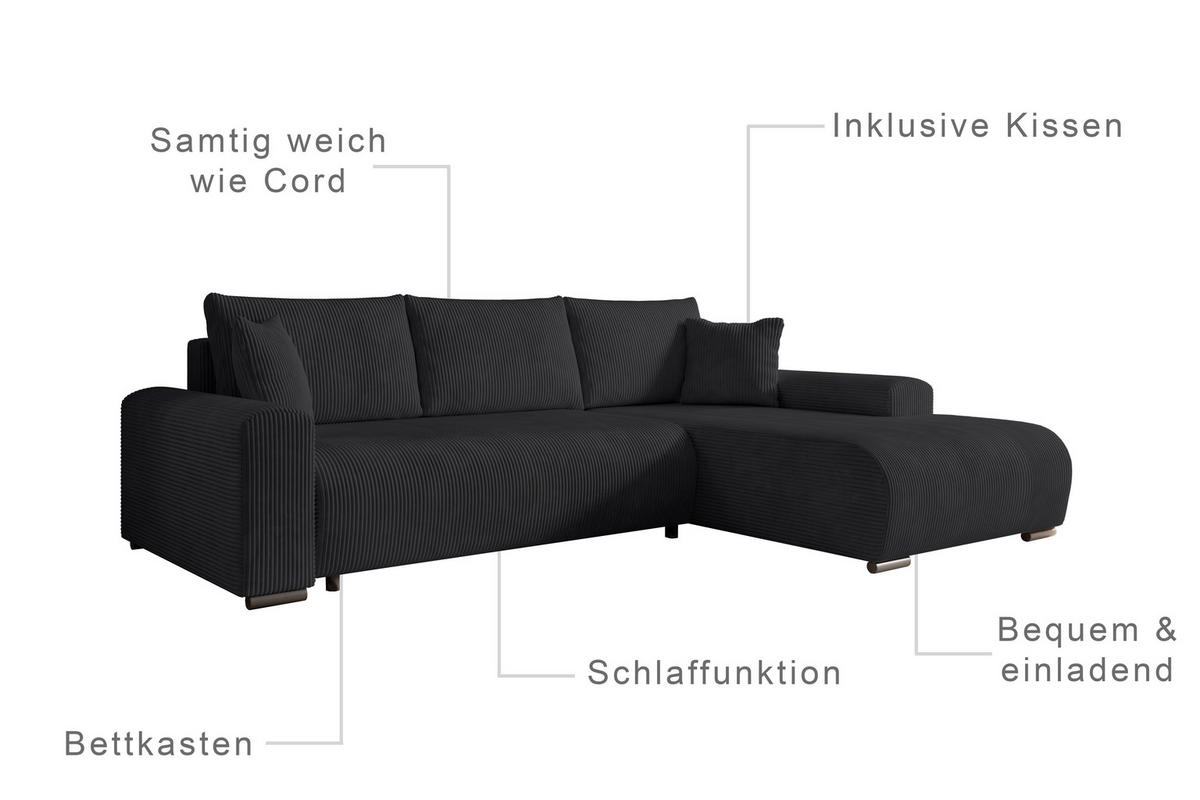 ECKSOFA Nelly mit Bettkasten und Schlaffunktion, Cordstoff in L-Form - Schwarz, Textil (270/185cm)