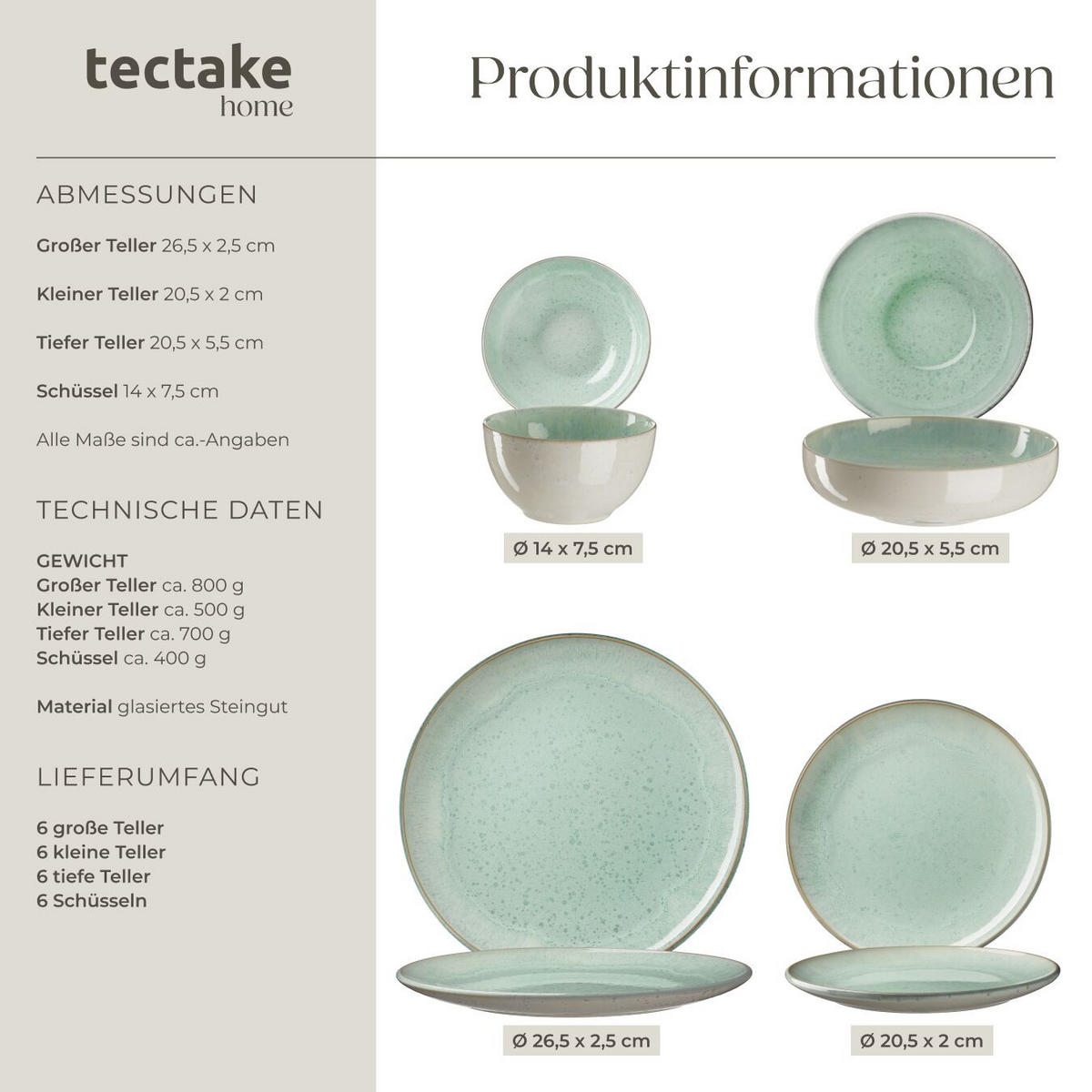 TAFELSERVICE Mare, ineinander stapelbar, Mint - Mintgrün, Keramik (26.5/2.5/26.5cm) - tectake
