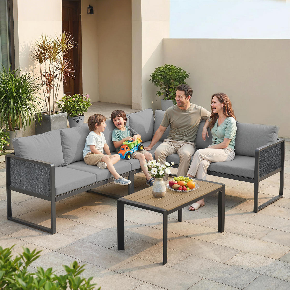 GARTENMÖBELSET DE-13529 6-sitzig mit 3 Sofas & Tisch Dunkelgrau - Hellgrau, Metall - ComfortXL