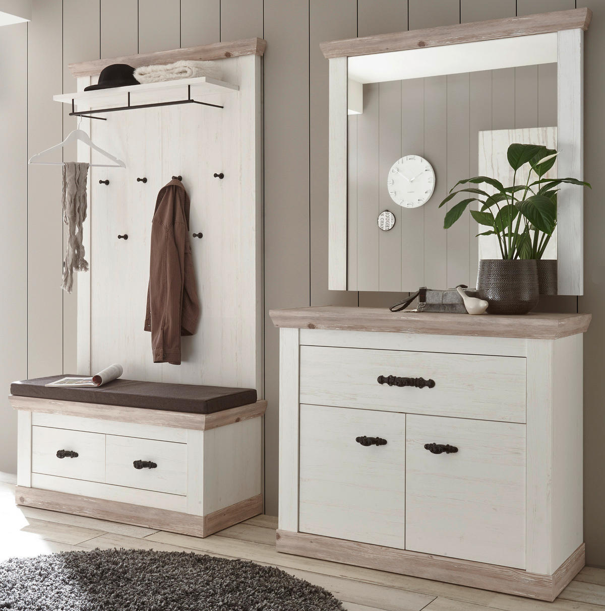 KOMMODE Pinie weiß, Oslo Pinie Landhaus, 107 x 89 cm - Anthrazit/Weiß, Holzwerkstoff/Metall (107/87/45cm) - Furn.Design