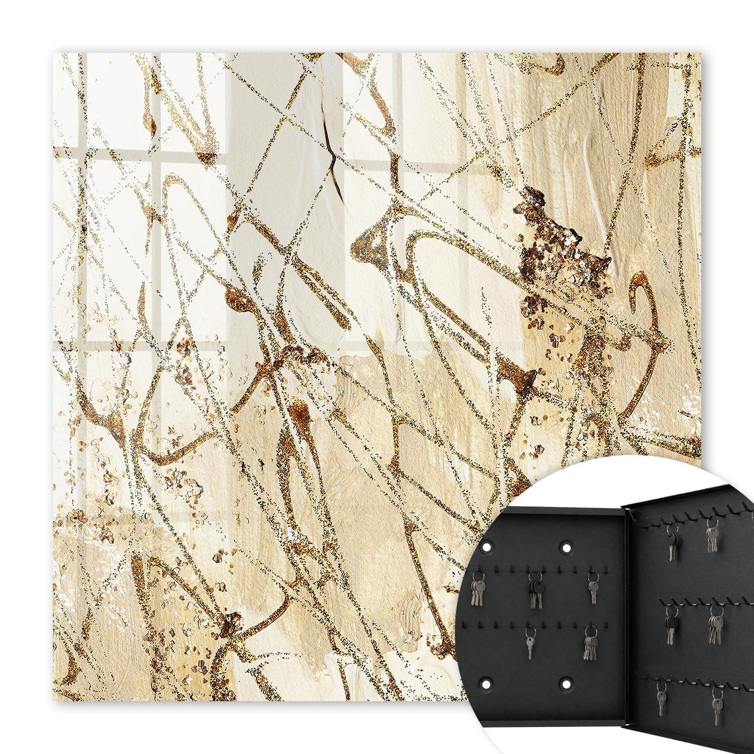 SCHLÜSSELBOX Schwarz 30x30 cm- Türöffnung nach rechts - Abstrakte Komposition - Beige, Metall (30/30/5cm) - TULUP