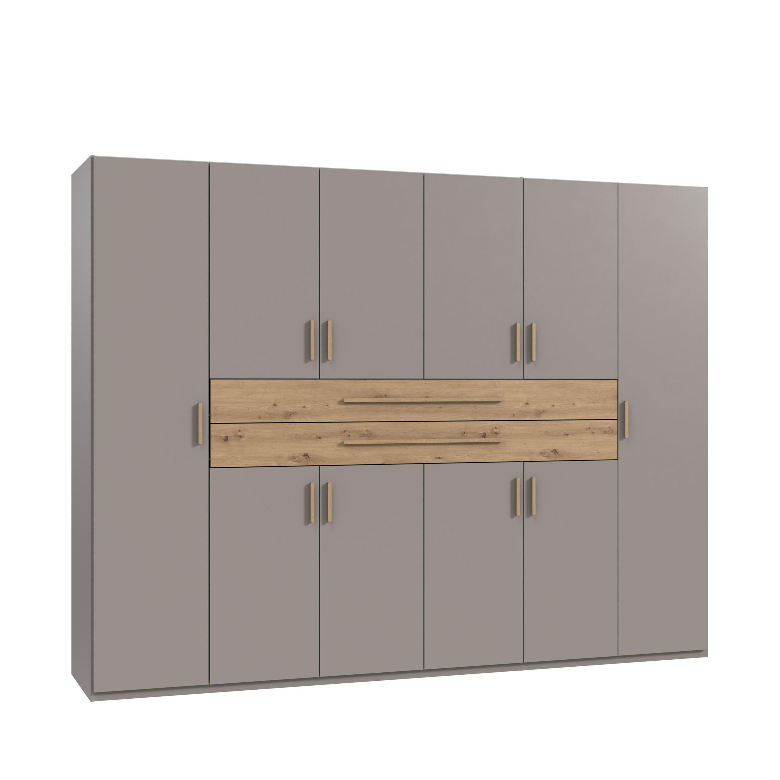 luma-home SKŘÍŇ S OTOČNÝMI DVEŘMI B270/H208/T58 cm, pískově šedá, šatní skříň se 2 velkými zásuvkami a úchytkami v dekoru dub Artisan / 22641