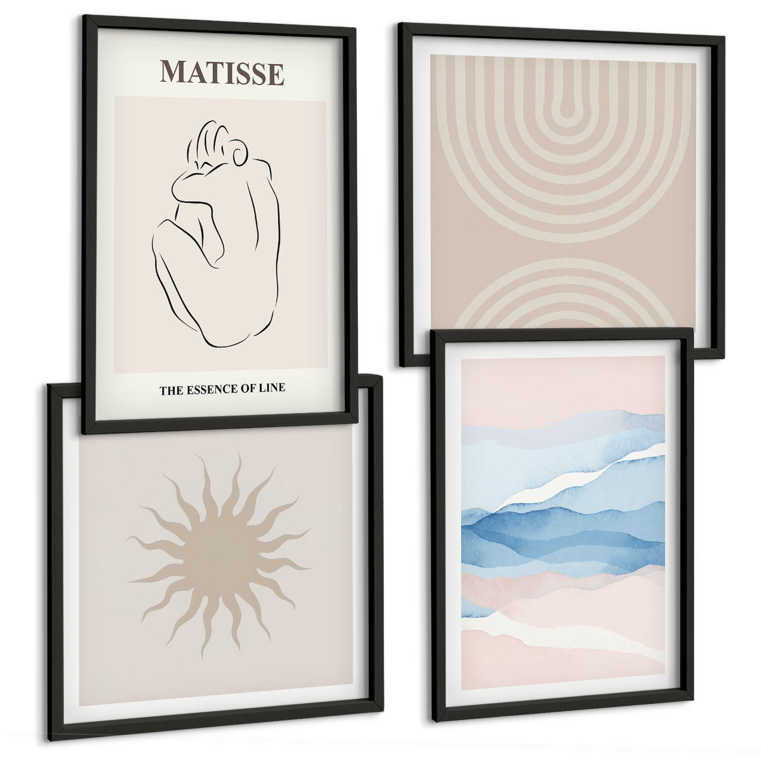 BILDER SET 4er Set - 50x50 cm & 40x60 cm Schwarzer Rahmen - Linien, Wellen, Pastellfarben, minimalistisch - Schwarz, Kunststoff (50/50cm) - TULUP