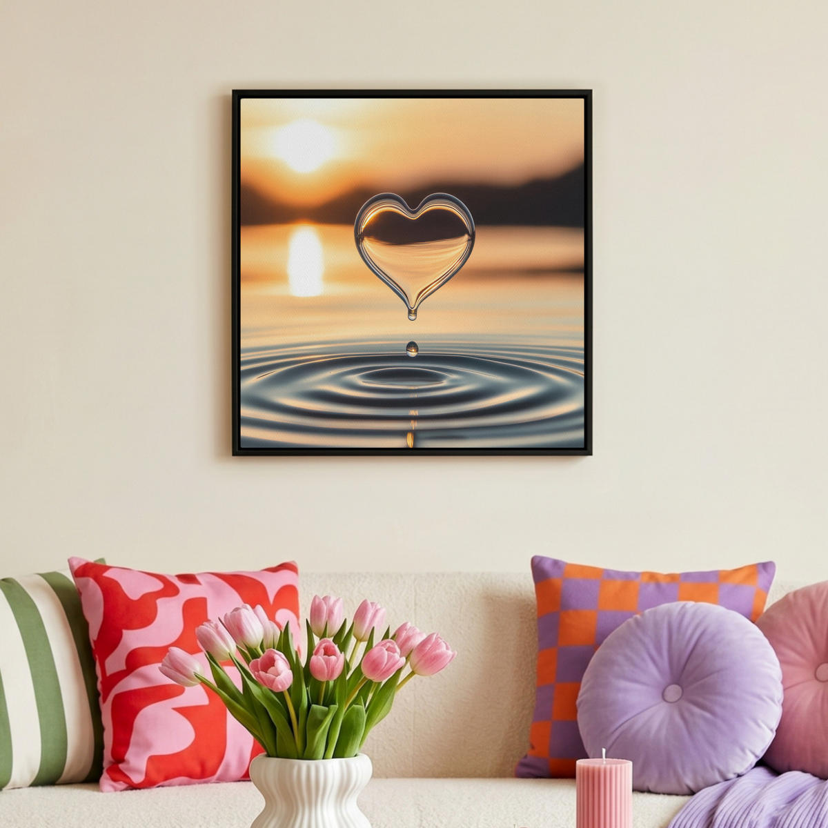 LEINWAND Bilder mit Rahmen - Herz - Wasser - Sonnenuntergang - Natur - Zen - 50x50 - Bernsteinfarben, Textil (50/50cm) - MuchoWow