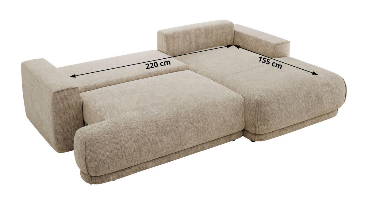ECKSCHLAFSOFA RINA L Beige Schenille grob gewebt - rechts - Beige/Schwarz, Kunststoff/Textil (170/267cm) - MKS