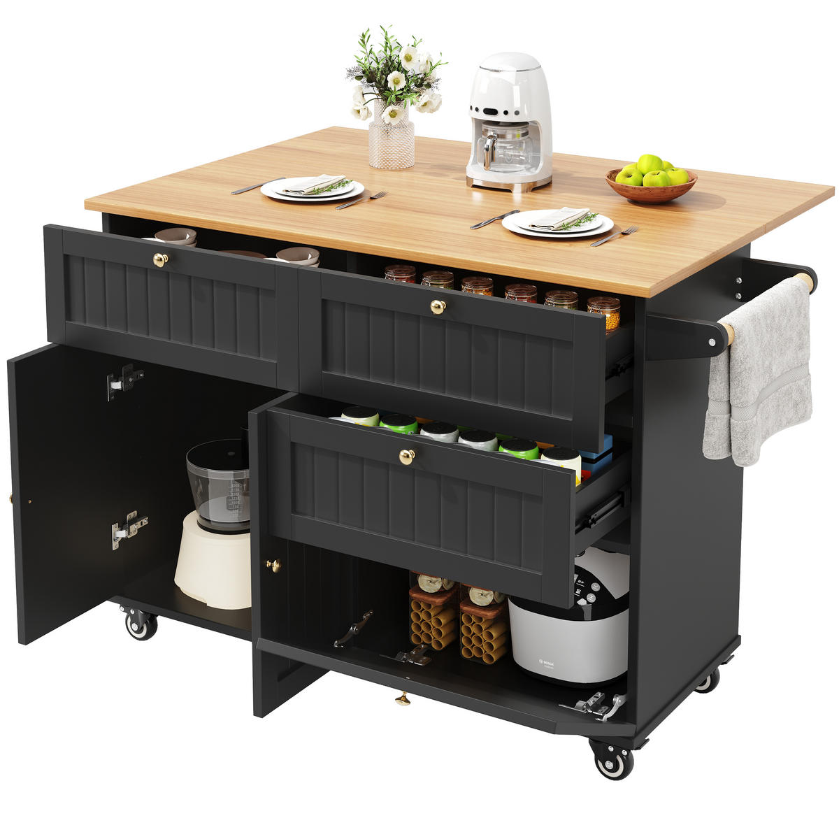 KÜCHENINSEL 133/37,3/88 cm schwarz aus MDF mit Rollen - Schwarz, Holzwerkstoff (133/88/37cm) - OKWISH