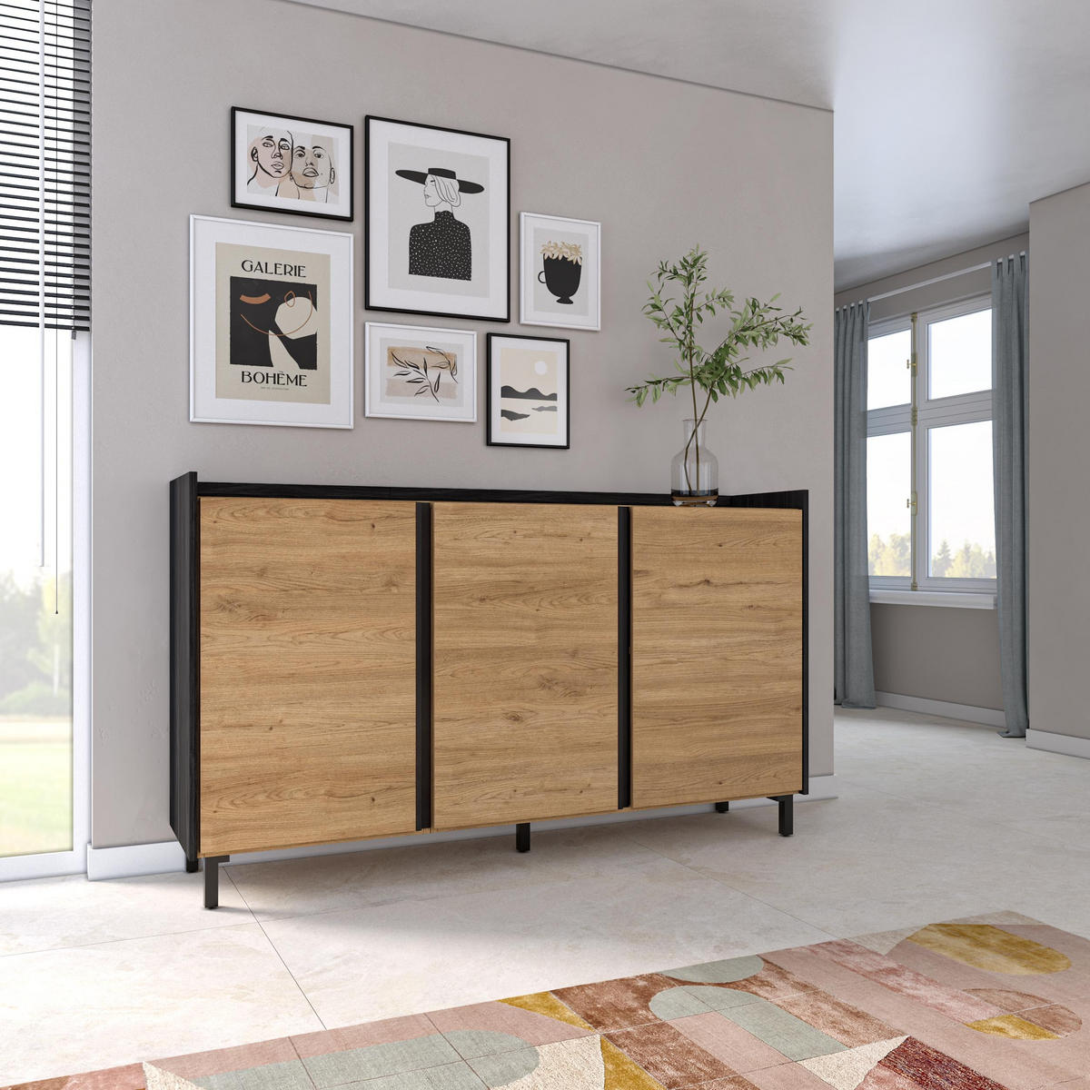 SIDEBOARD, Eiche und Schwarz, 156/35/91cm, mit Beinen - Eichefarben, Holzwerkstoff (156/91/35cm) - Skraut Home