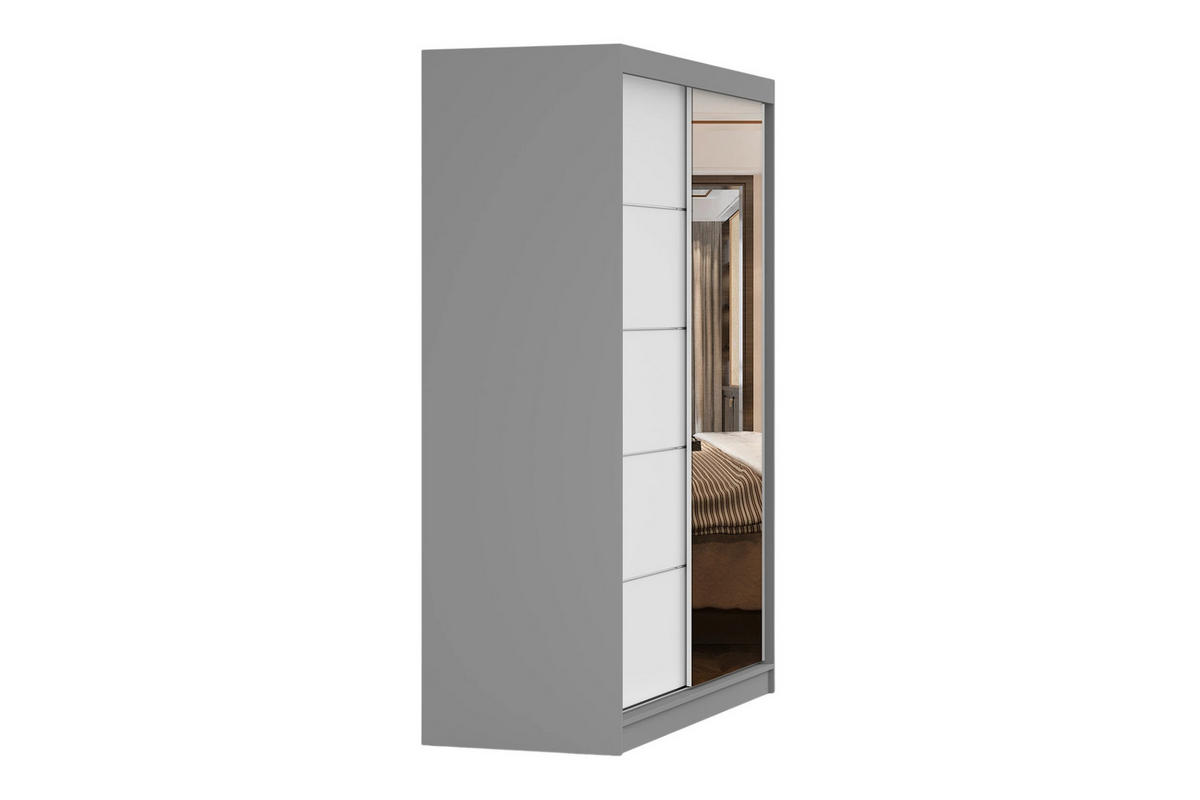 SCHWEBETÜRENSCHRANK VELMA 05 150/200 in Grau/Weiß mit Spiegel und LED - Weiß/Grau, Holzwerkstoff (150/61/200cm) - Deine Möbel 24