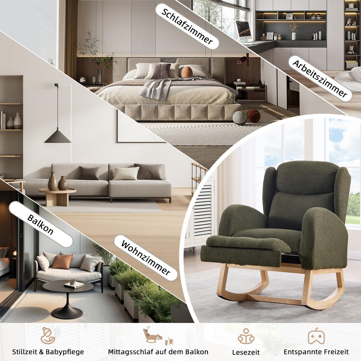 SCHAUKELSTUHL Teddy-Stoff mit Fußstütze und Taschen 122.5/70/104 cm Grün - Grün, Textil (70/104/122.5cm) - Redom