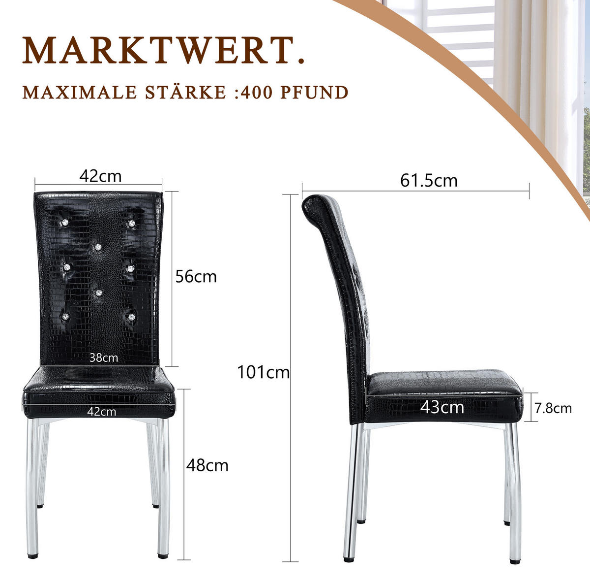 ESSZIMMERSTUHL 2er-Set gepolstert Schwarz PVC mit Metallbeinen - Silberfarben, Metall (42/101/61.8cm) - Meubliv