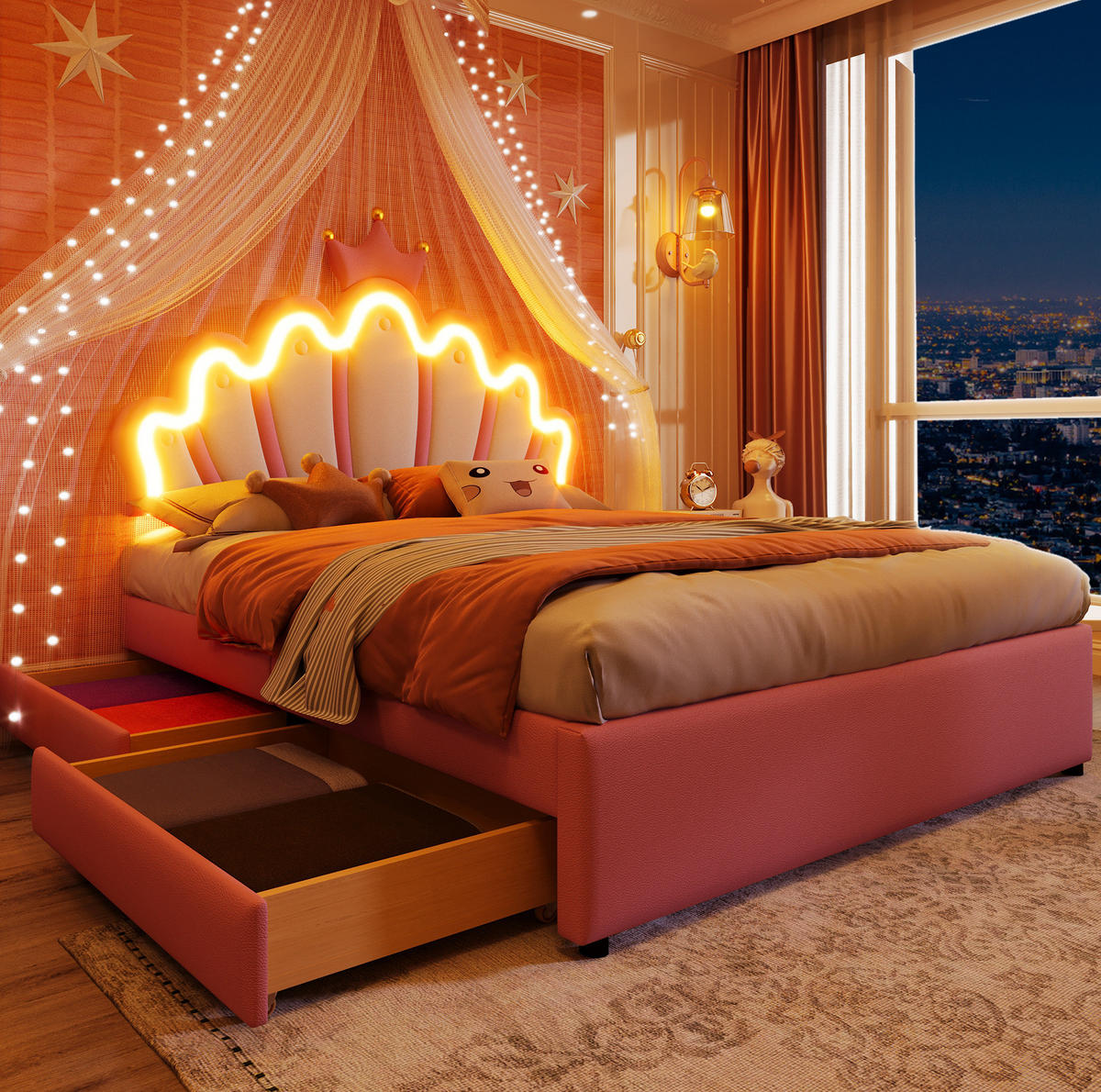 POLSTERBETT mit 2 Schubladen und Lichtleiste 140x200 cm PU Rosa - Pink, Holz (140/200cm) - Meubliv