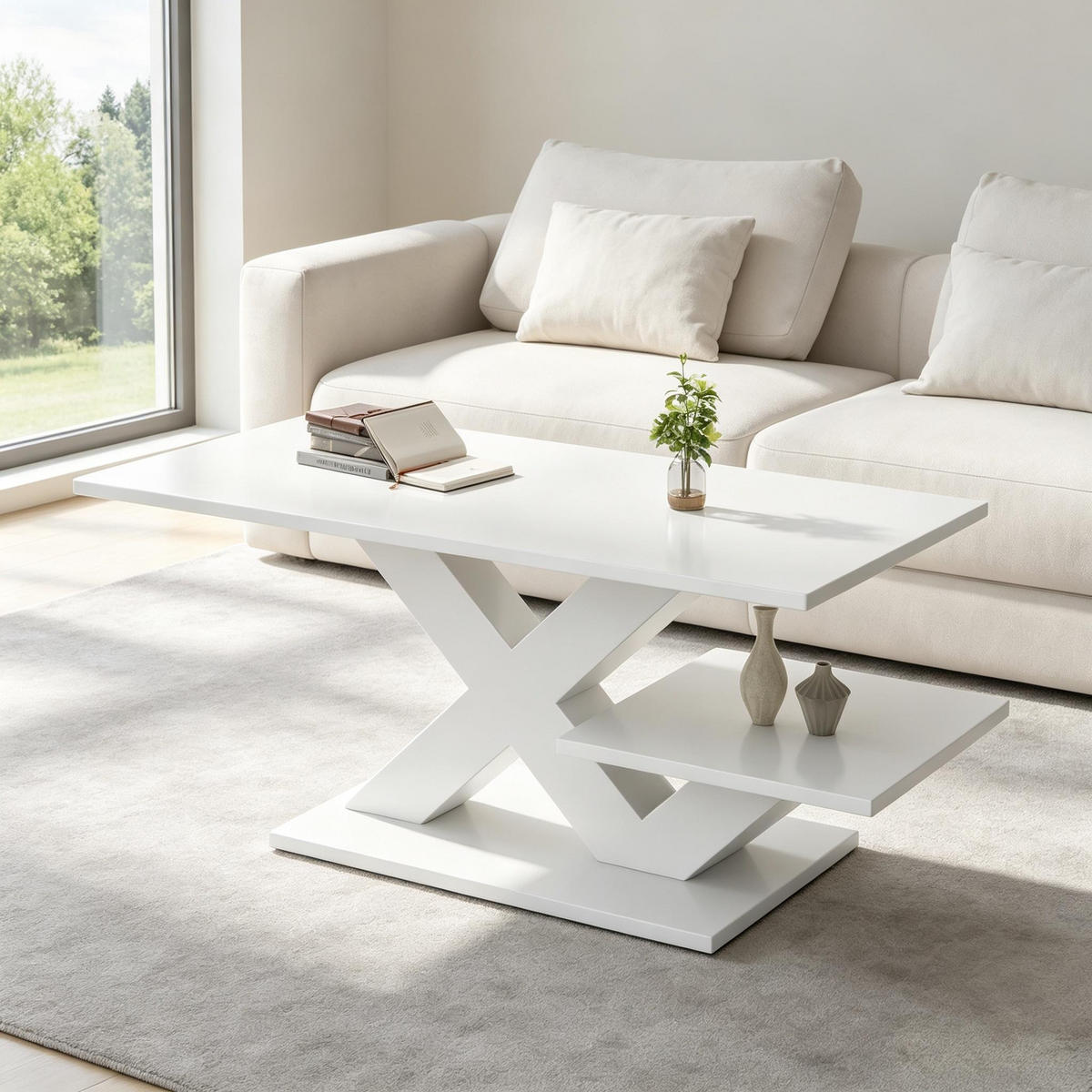 COUCHTISCH Weiß mit X‑förmigem Gestell und doppelten Ablageflächen 100 × 48 × 45 cm - Weiß, Holzwerkstoff (48/100/45cm) - Luhomfu