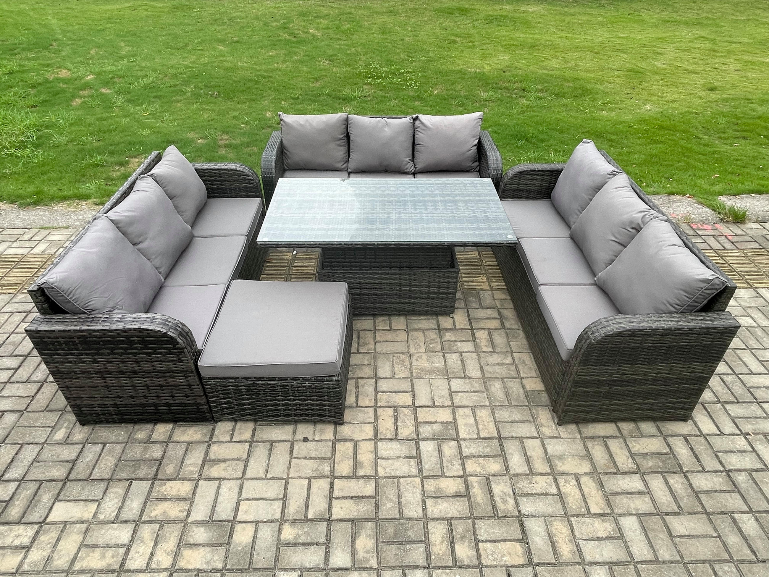 Thumbnail - Fimous Gartensofa-Set, Dunkelgrau, Metall, Kunststoff, Glas, 10-Sitzer, Füllung: Schaumstoff, rechteckig, Loungemöbel, L...