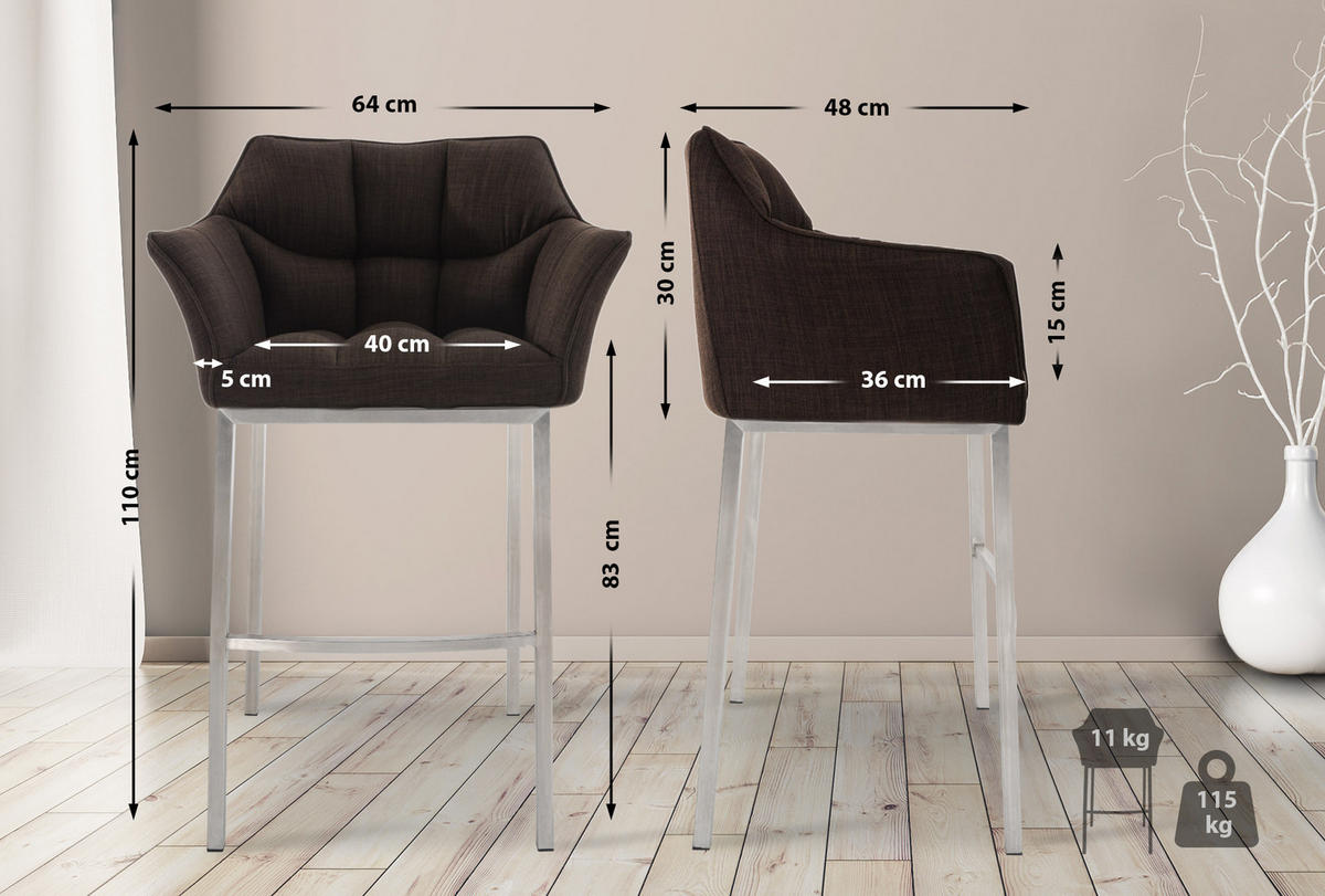 BARHOCKER Stoff braun - Edelstahlfarben/Braun, Textil/Metall (64/110/48cm) - CLP