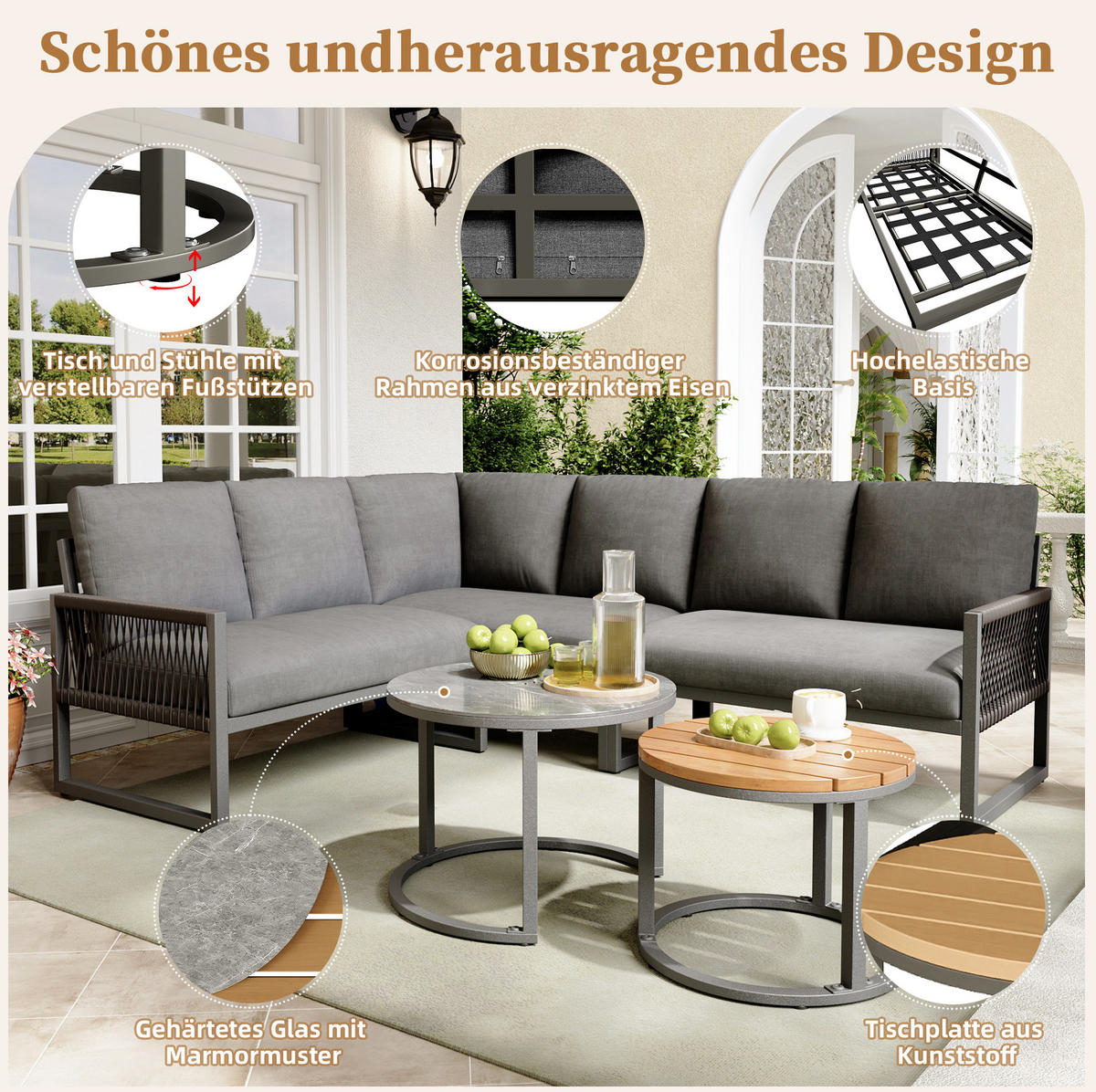 LOUNGEGARNITUR Grau aus Metall und Polyester 5er Set - Grau, Metall - OKMYHOME
