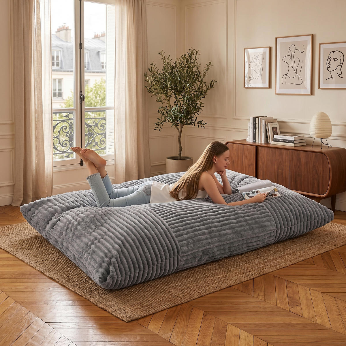SITZSACK XXL 3-IN-1 aus Kordsamt als Sessel, Sofa und Bett - Hellgrau, Textil (180/25/125cm) - Urban Meuble