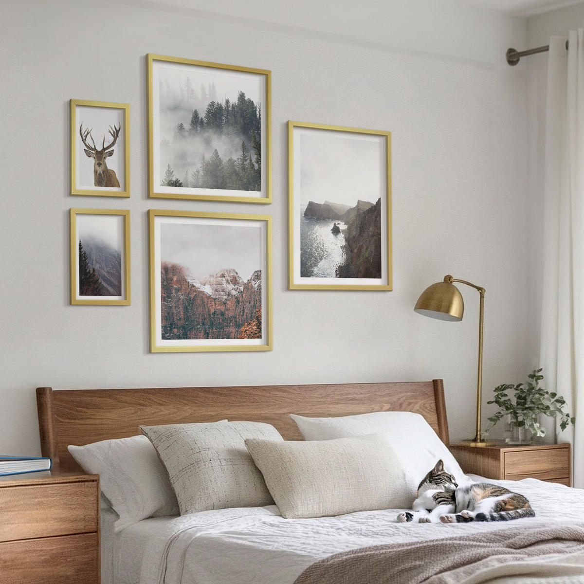 BILDER SET 5er Set - 50x50 cm & 20x30 cm & 40x60 cm Goldrahmen - Berglandschaft Nebel Hirsch - Goldfarben, Kunststoff (40/60cm) - TULUP