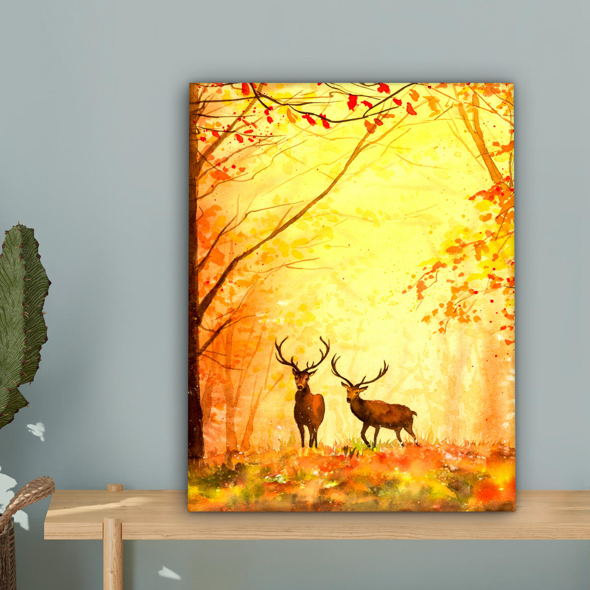 LEINWANDBILD Natur - Ölfarbe - Hirsche - Tiere - Herbst - Orange 30x40 cm - Orange, Textil (30/40cm) - MuchoWow