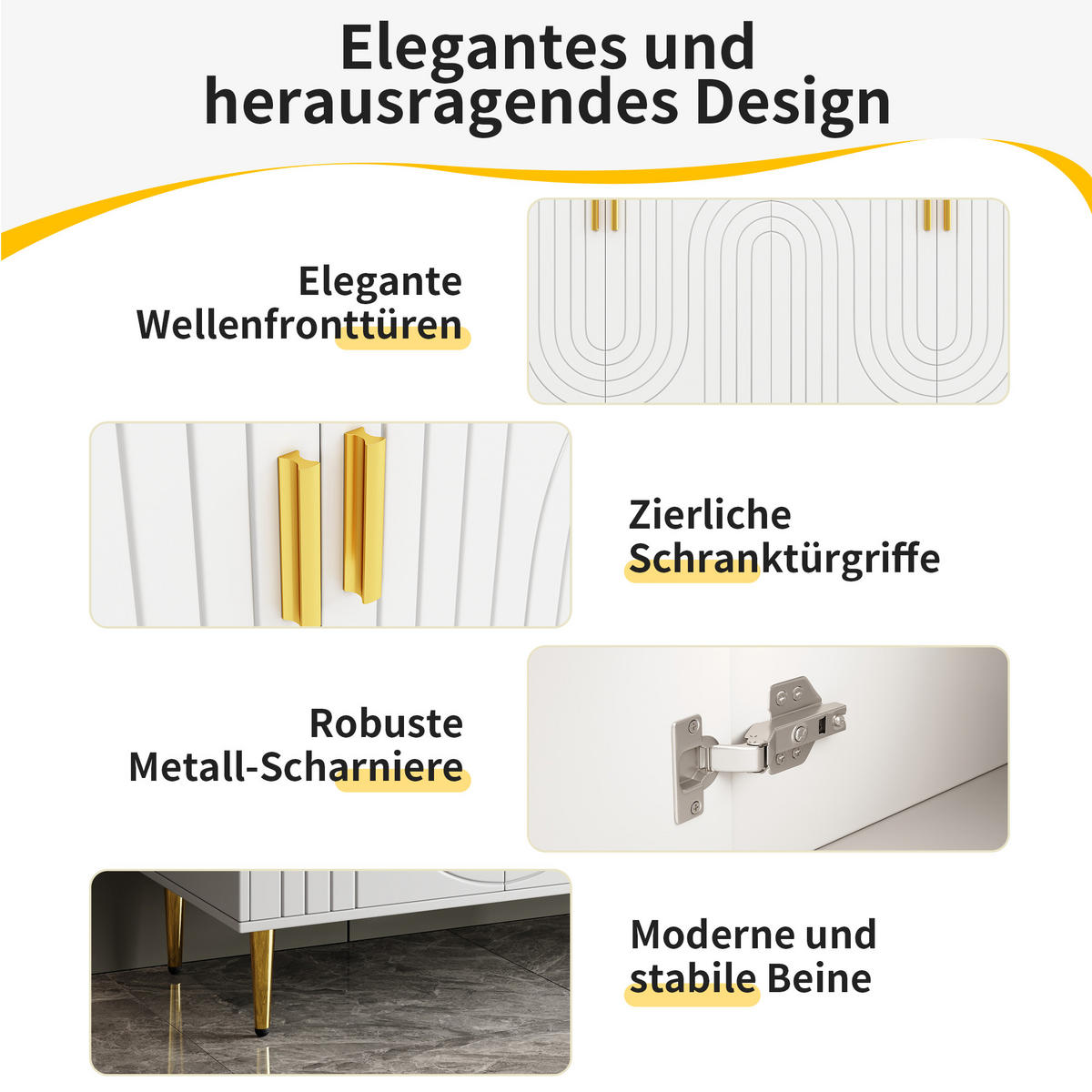 SIDEBOARD Wellenfront mit goldenen Griffen & Füßen Weißes - Weiß, Holzwerkstoff (152/75/40cm) - Urban Meuble
