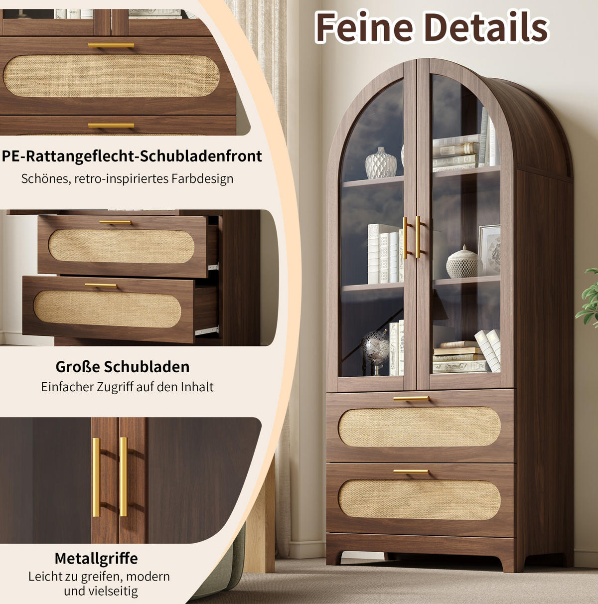 VITRINE mit Glastüren 80 x 40 x 175 cm Holzoptik 2 Schubladen - Braun, Holzwerkstoff (40/175/80cm) - Meubliv