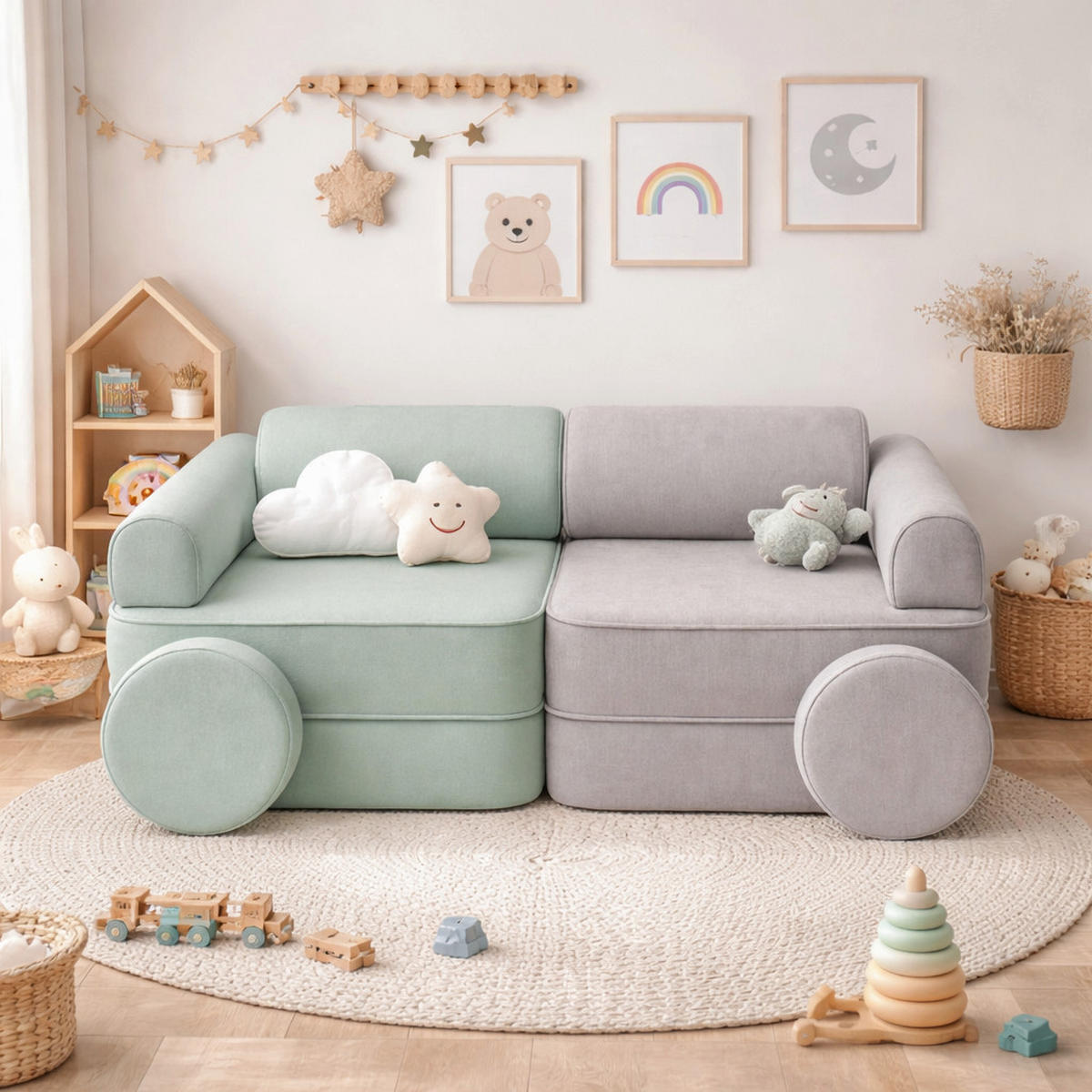 MODULARES Kindersofa 8 Elemente zweifarbig - Olivgrün/Grau, Textil (120/50/60cm) - Bees & Blooms