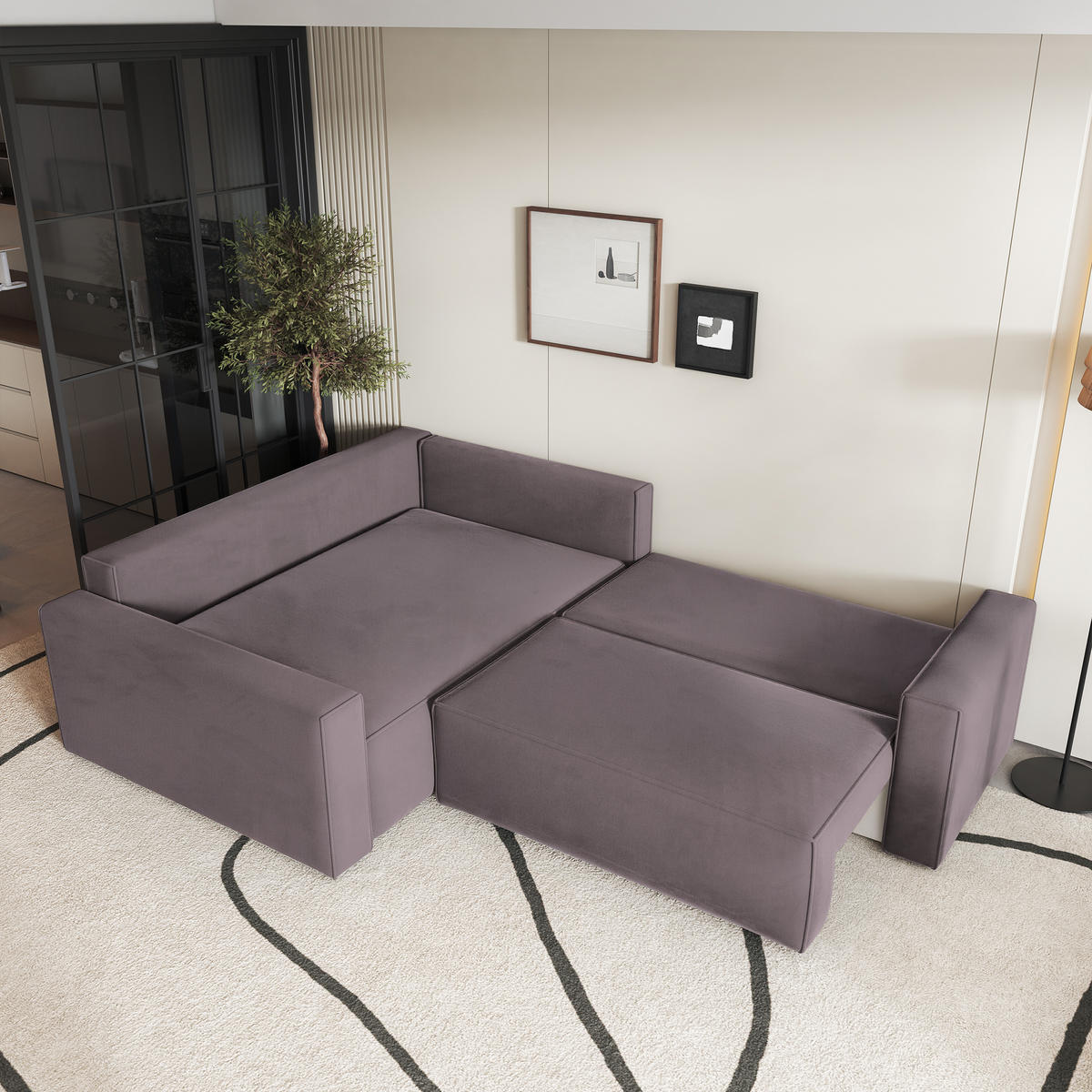 ECKSOFA ERONIS L-S Lila Velours-Stoff mit Schlaffunktion - Lila, Holz (265/194cm) - MASSENO