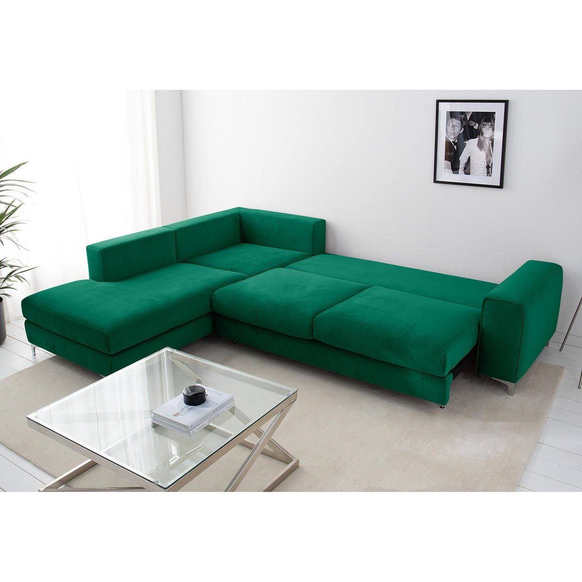 ECKSOFA mit Ottomane - Chromfarben/Olivgrün, Textil/Metall (302/1cm) - home24