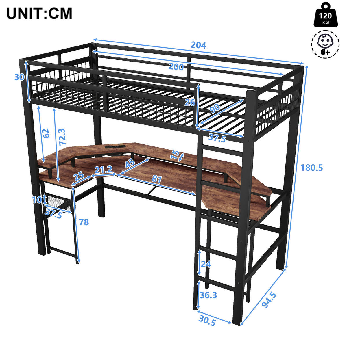 HOCHBETT 90/200 cm Schwarz aus Metall und MDF mit Schreibtisch - Schwarz, Metall (90/200cm) - OKMYHOME
