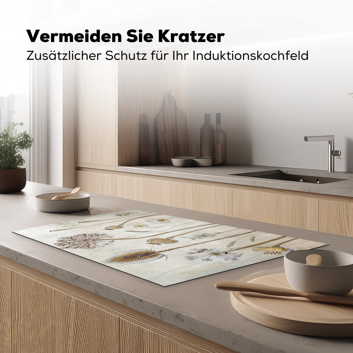 HERDABDECKPLATTE Blumen - Aquarell - Stilleben - Braun - Vintage 83x51 cm - Sandfarben, Kunststoff (83/51.5/0.2cm) - MuchoWow