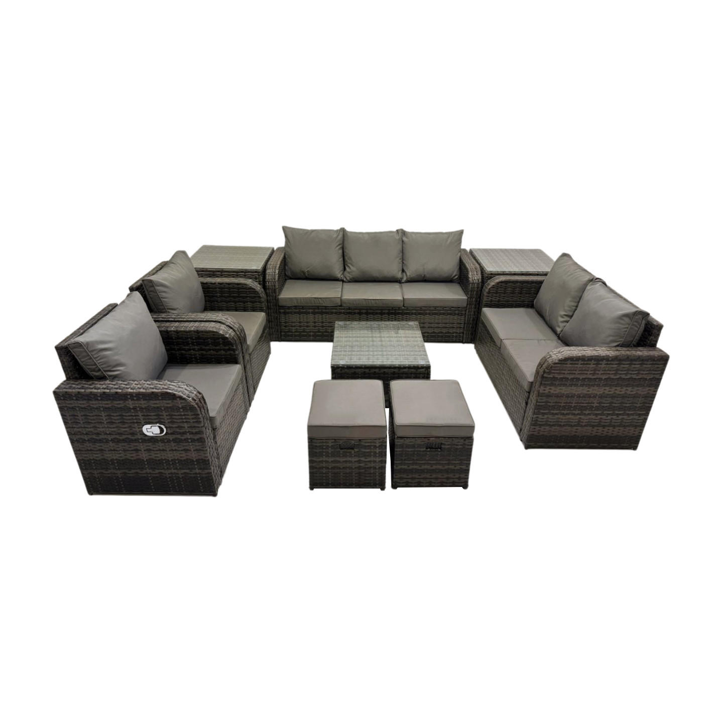 GARTENSOFA SET mit Couchtisch Polyrattan Dunkelgrau 9-teilige - Dunkelgrau/Grau, Glas/Kunststoff - Fimous