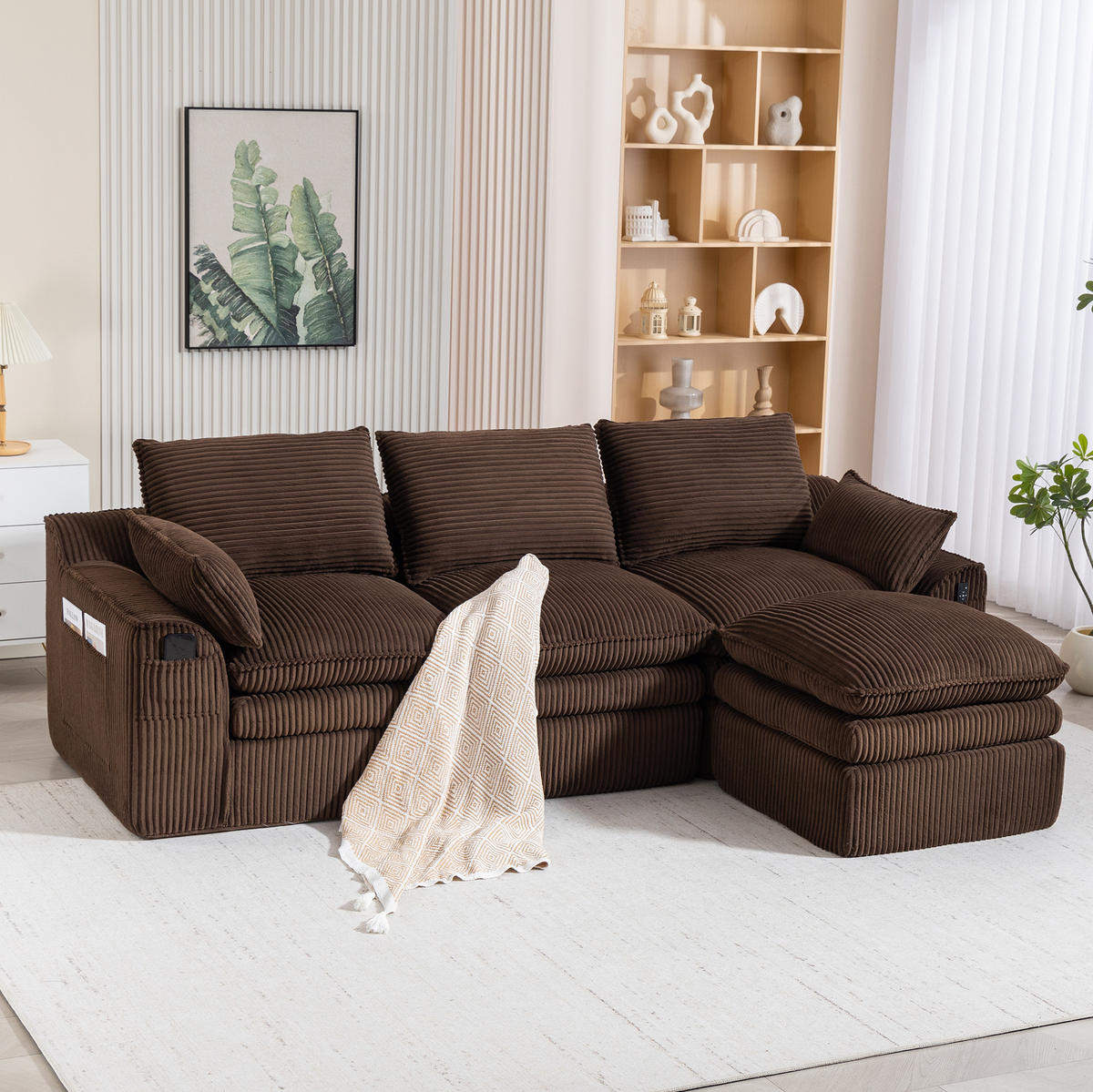 3-SITZER-KORDSOFA 263/167/85 cm mit Hocker, Kissen, Seitentaschen und Federkern, Braun - Braun, Textil (263/85/167cm) - Redom