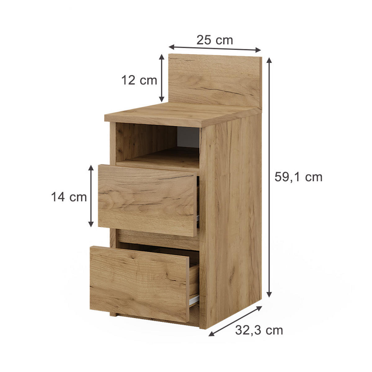 NACHTTISCH Monty Goldkraft Eiche 25 x 59.1 cm mit 2 Schubladen - Honigeiche, Holzwerkstoff (25/59.1/32.3cm) - Vicco