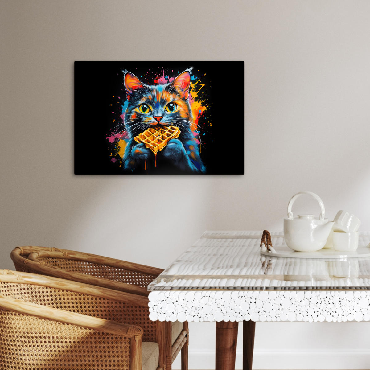 LEINWANDBILD Katze - Graffiti - Bunt - Waffel - Essen Gemälde 60x40 cm - Türkis, Textil (60/40cm) - MuchoWow