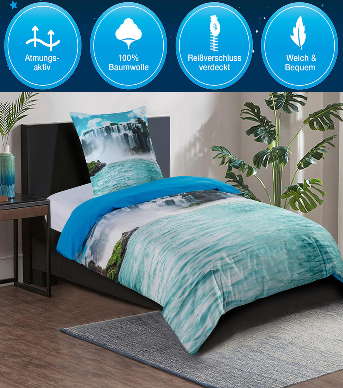 BETTWÄSCHE 2-teilig Wasserfall - Blau, Naturmaterialien (135/200cm) - Sanilo