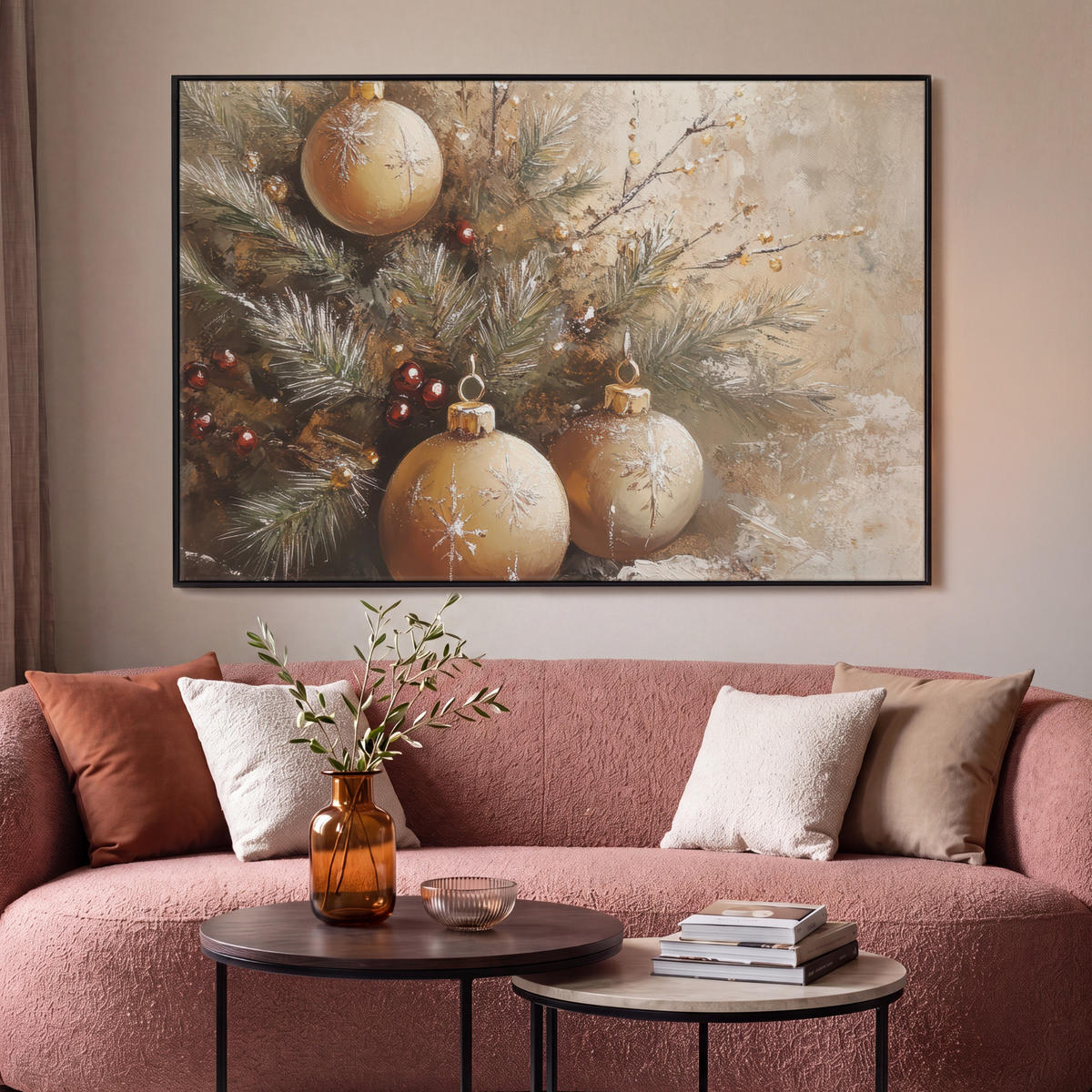 LEINWAND Bilder mit Rahmen - Weihnachten - Kugeln - Beige - Gold - 120x80 - Goldfarben, Textil (120/80cm) - MuchoWow