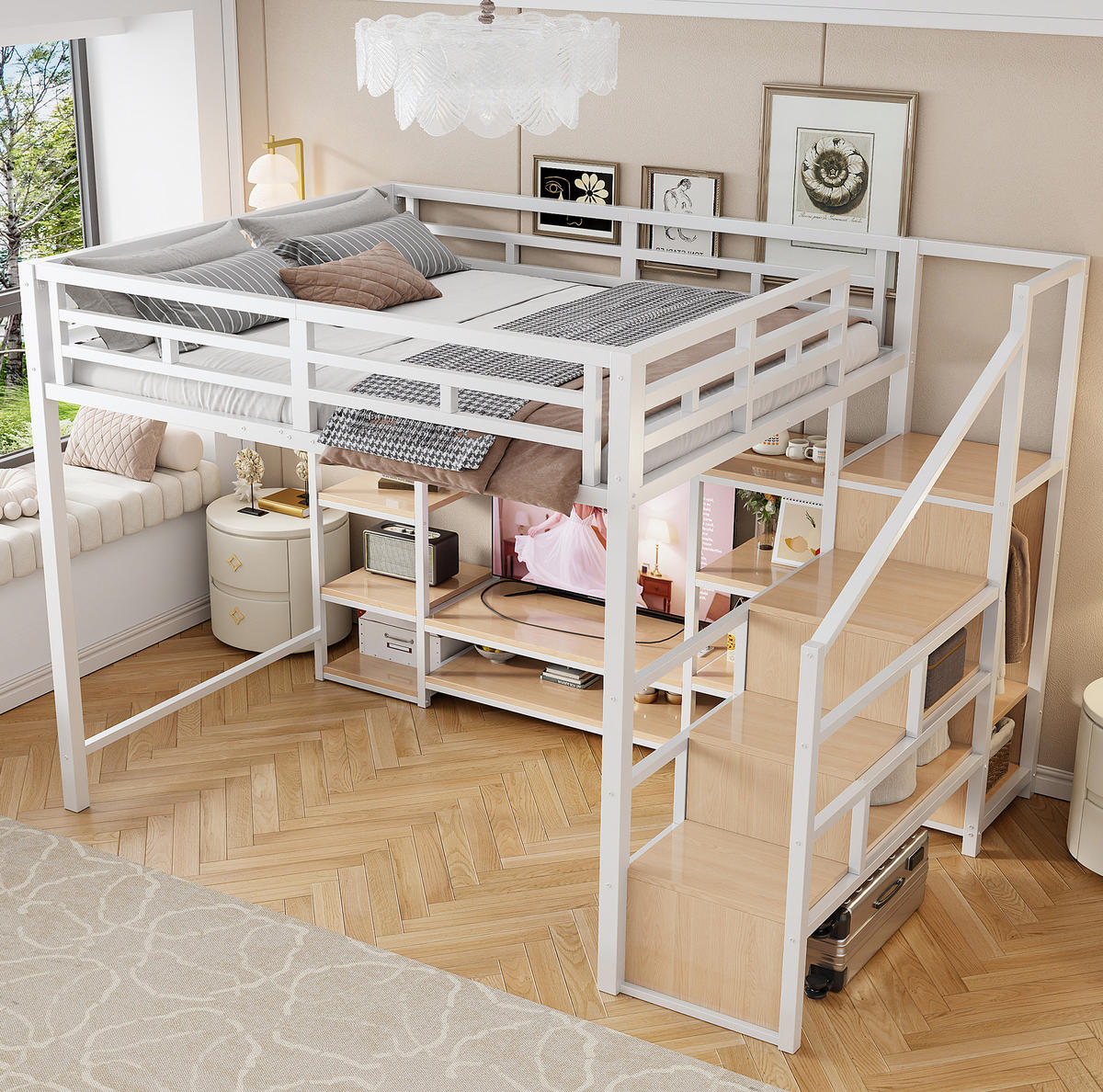 VYSOKÁ posteľ 140/200 cm biela s TV stojanom, zásuvkou a úložným rebríkom z kovu a MDF - biela, kompozitné drevo (140/200cm) - OKWISH
