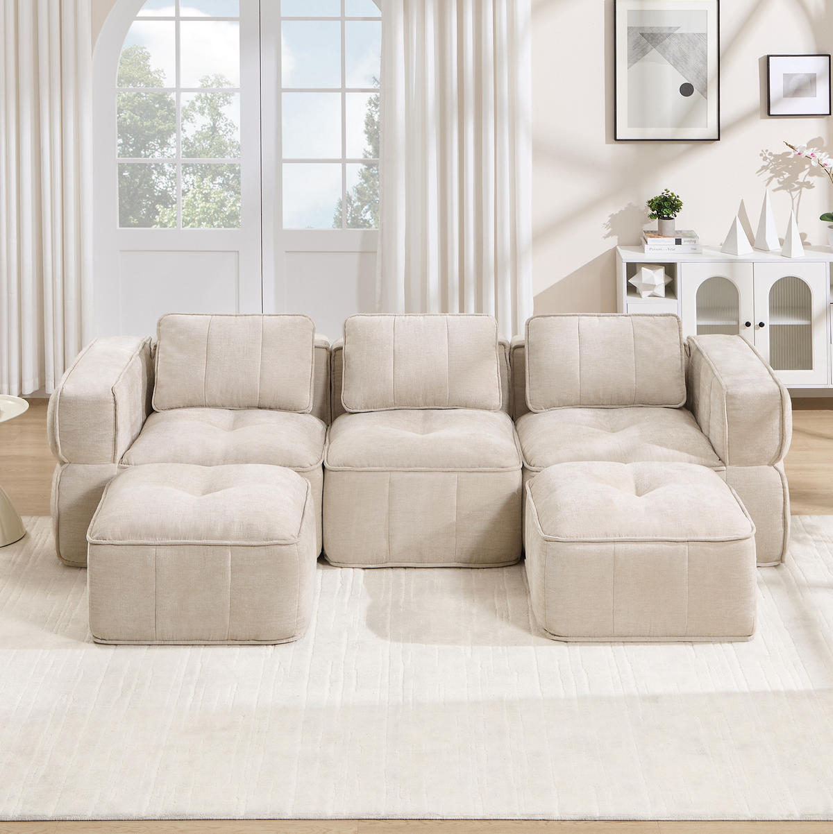 WOHNLANDSCHAFT 271/162/67 cm in Beige aus Polyester, rahmenlos und mit Hocker - Beige, Kunststoff (162/67/271cm) - Flora Grace