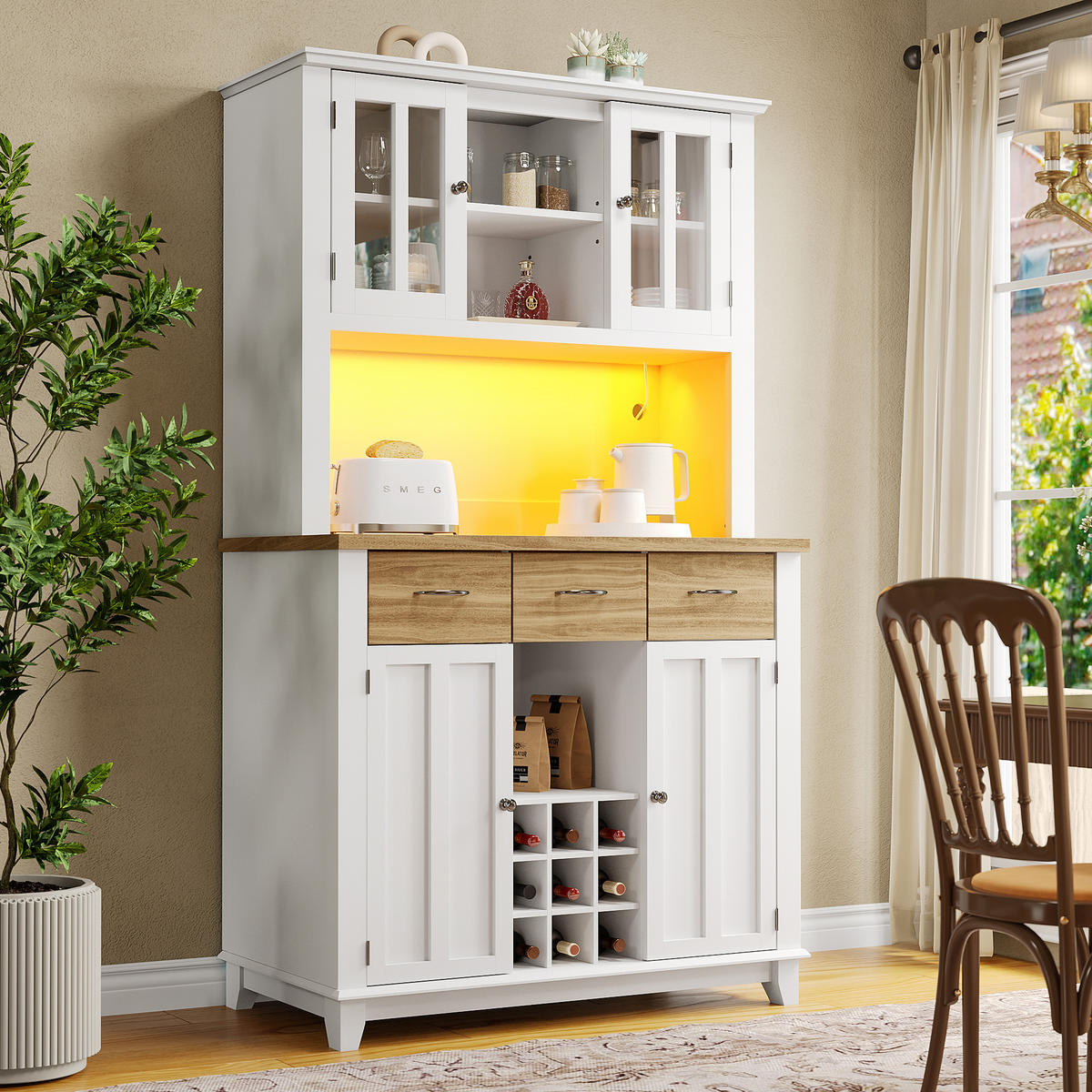 KÜCHENBUFFET 106/40/179,5 cm weiß aus MDF mit LED-Beleuchtung - Weiß, Holzwerkstoff (106/179.5/40cm) - OKWISH