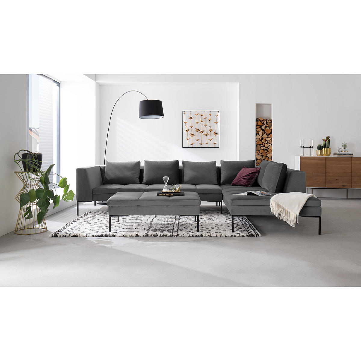ECKSOFA mit Ottomane - Schwarz/Grau, Textil/Metall (319/230cm) - home24