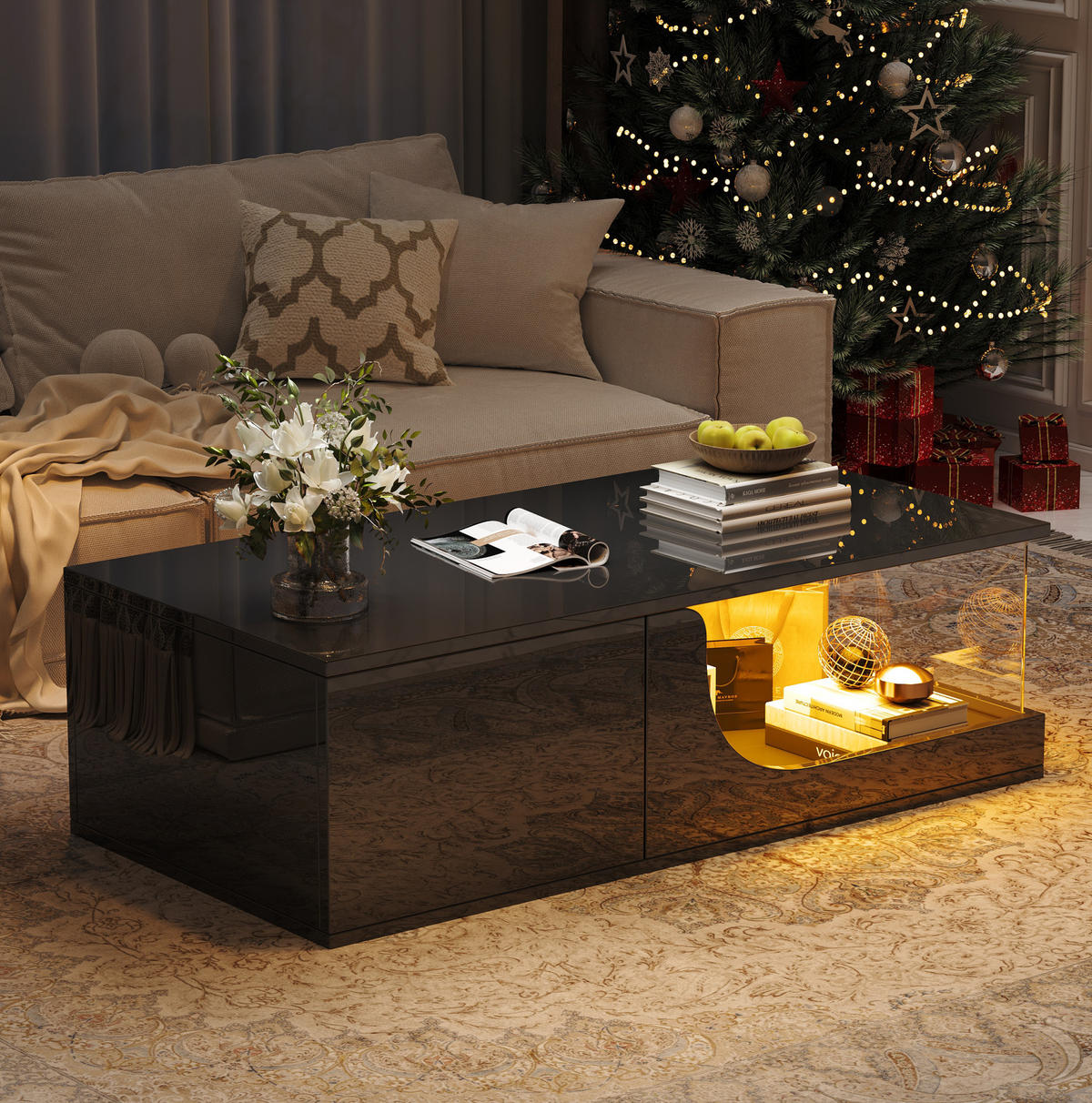 COUCHTISCH aus MDF und Glas 100x50x30 cm in Schwarz mit LED & 2 Schubladen - Schwarz, Holzwerkstoff (100/50/30cm) - Modfu