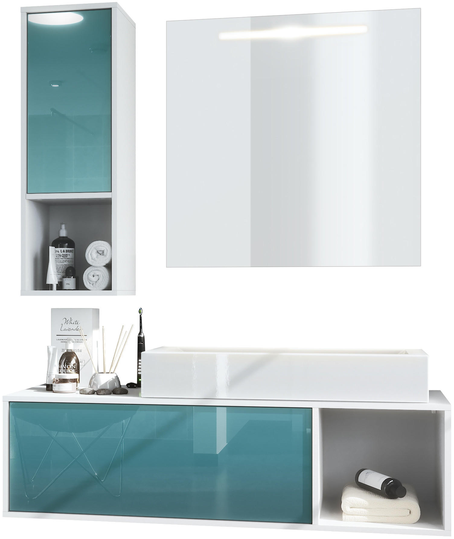 BADMÖBELSET La Costa Fronten in Petrol Hochglanz - Petrol, Holzwerkstoff (126.5/190/46cm) - Vladon