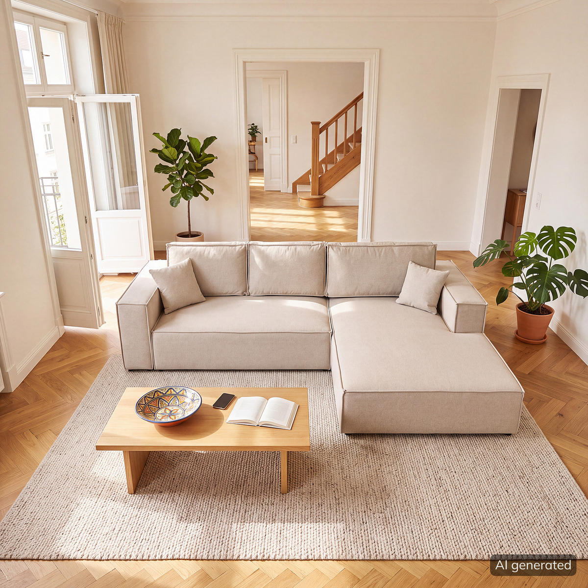 ECKSOFA mit Schlaffunktion - Longchair - Beige/Schwarz, Kunststoff/Textil (294/185cm) - home24